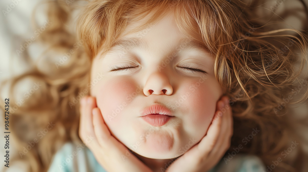 Charming child with curly hair, puckering lips for a kiss, adorable facial expression concept Charming child with curly hair, puckering lips for a kiss, adorable facial expression concept