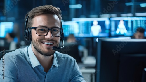 A cheerful male call center agent engages with customers through his headset while working in a bustling office environment