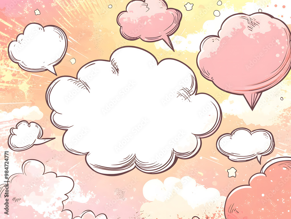 Hand-drawn Speech Bubbles and Hearts on a Blue Background Hand-drawn Speech Bubbles and Hearts on a Blue Background
