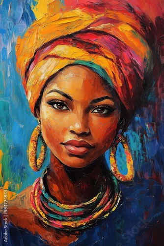 Abstract Impressionist Portrait of African Tribal Woman with Vibrant Bandana Turban and Cultural Elements