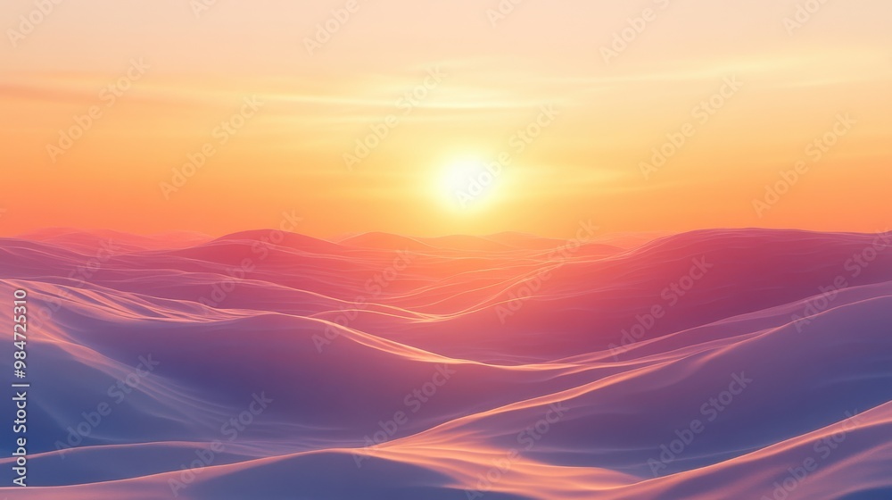 Serene sunrise over softly rolling sand dunes with a tranquil glow in a desert landscape Serene sunrise over softly rolling sand dunes with a tranquil glow in a desert landscape