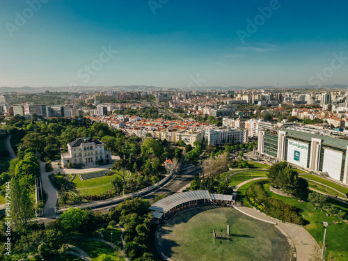 AERIAL View of Eduardo VII park with labyrinth in Lisbon, Portugal 