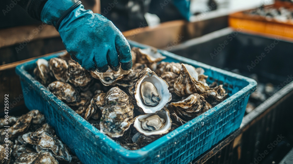 Obraz premium Shucking oysters, gloved hands, seafood market, fresh shellfish, harvesting oysters, seafood industry concept