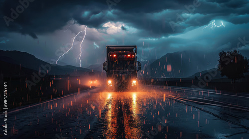 A truck crossing a remote highway during a powerful thunderstorm, with lightning striking in the distance and rain pounding on the windshield, creating a dramatic scene photo