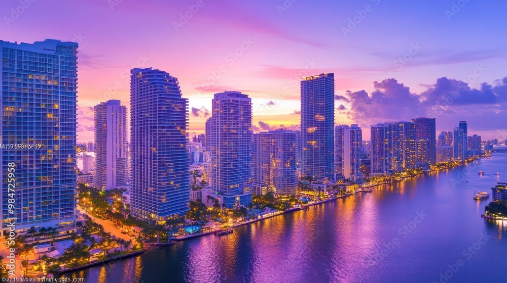 Fototapeta premium A vibrant Miami skyline at sunset, showcasing high-rise condos and waterfront properties with vibrant colors and palm-lined streets.