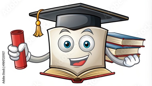 mascot character representing a smart college graduate book with graduation cap and diploma, mascot,character, smart, college photo