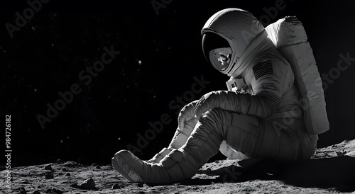 An astronaut sitting on the moon, he is busy researching Chad. High quality digital space art and realistic visualizations