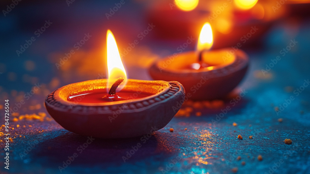 Decorative clay lamps glowing softly during Diwali celebrations at home in the evening