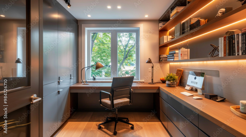 Fototapeta premium A tiny home office with a sleek desk lamp and recessed ceiling lights, creating focused task lighting without overwhelming the limited space