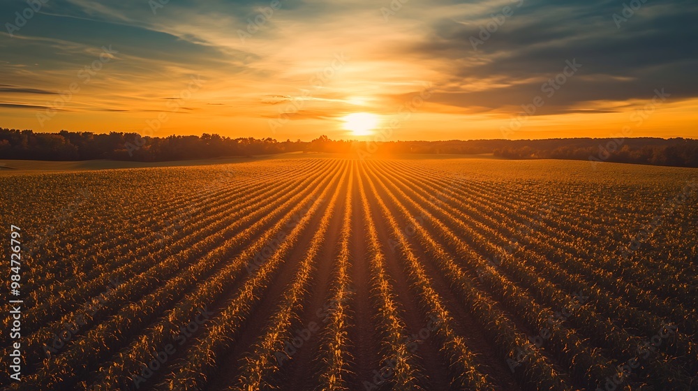 A field of corn crops at sunset with the sun setting behind a line of trees in the distance. The sun is shining through the clouds and casting long shadows over the field.