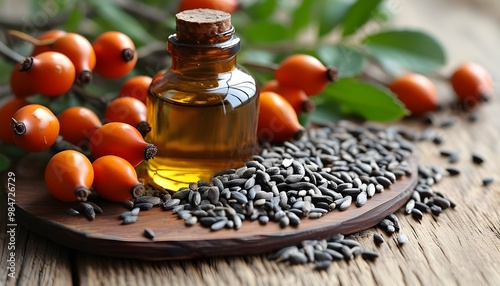 Amber-hued rosehip oil and seeds artfully arranged on a rustic wooden surface photo