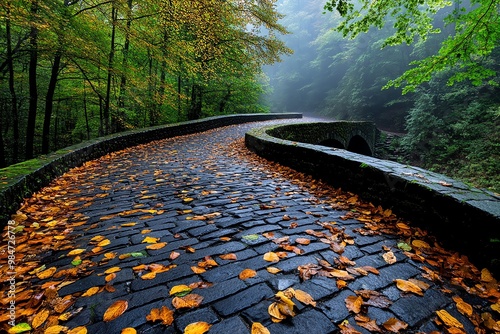 A winding stone bridge, crossing a small ravine in the forest, shrouded in fog and covered in fallen leaves