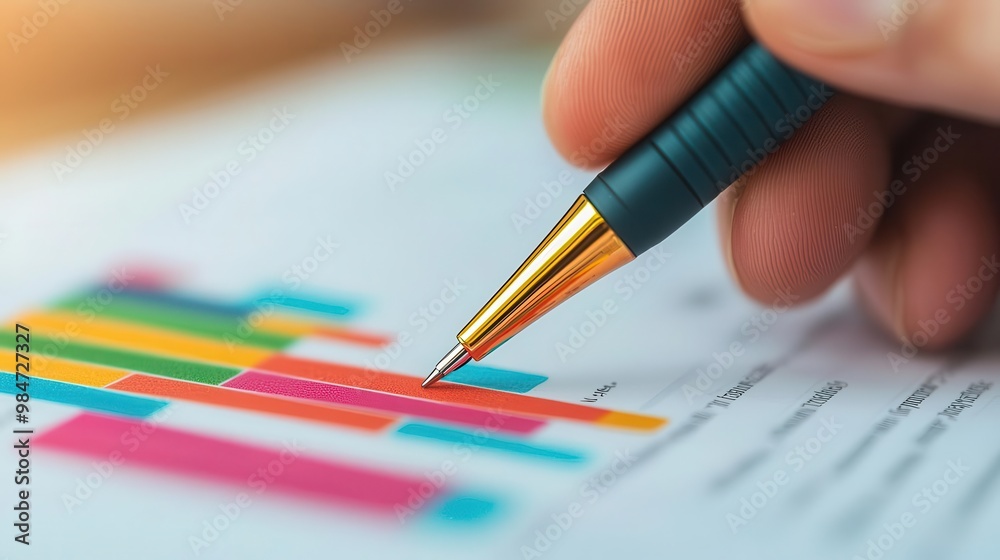 Macro view of a hand with a pen circling key points on a market analysis chart, Key Insights, Strategic Analysis Macro view of a hand with a pen circling key points on a market analysis chart, Key Insights, Strategic Analysis