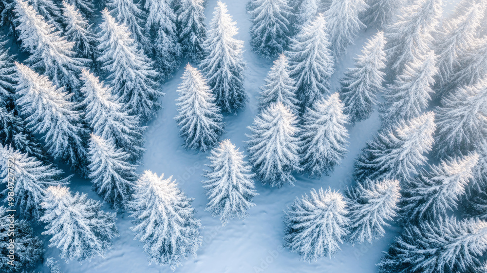 Aerial view of snow covered pine trees in winter forest, creating serene winter landscape, natural beauty concept Aerial view of snow covered pine trees in winter forest, creating serene winter landscape, natural beauty concept