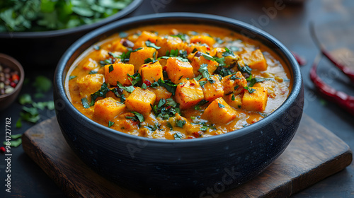 A vibrant bowl of flavorful pumpkin curry garnished with fresh herbs and spices, perfect for a wholesome meal.