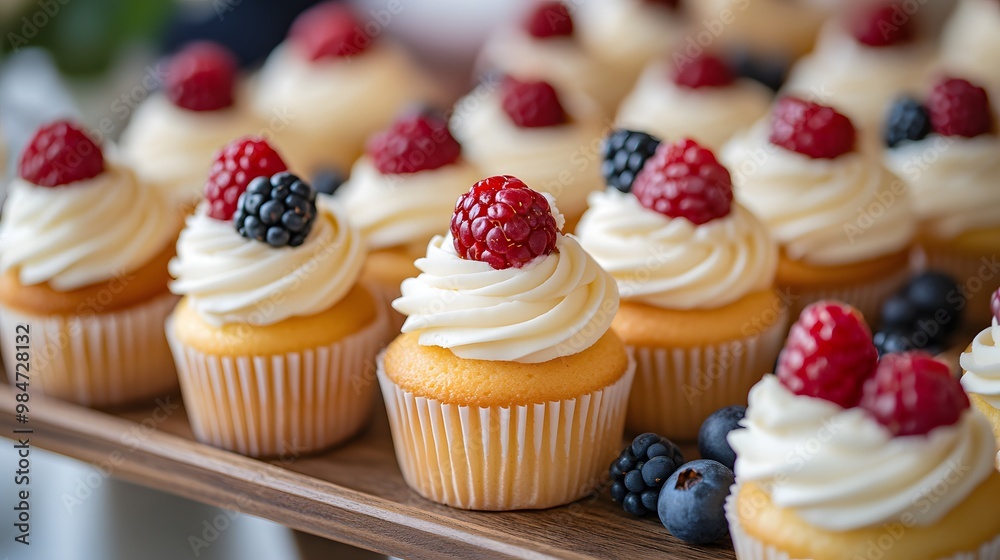 Cupcakes and mini tarts with berries on the table, a wedding daytime scene, a wedding party table, an event in an elegant restaurant, natural light Cupcakes and mini tarts with berries on the table, a wedding daytime scene, a wedding party table, an event in an elegant restaurant, natural light