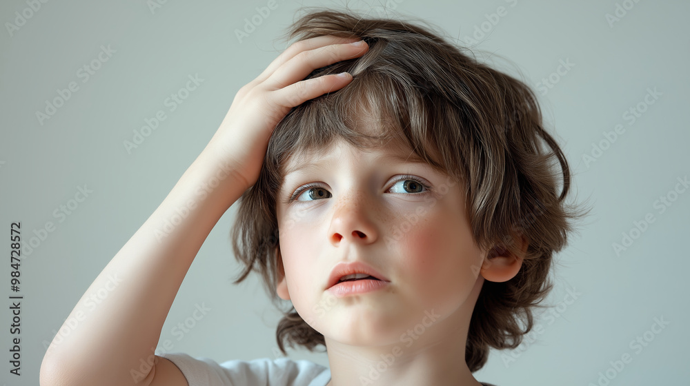 Curious child with hand on head looking worried, thoughtful emotions, childhood concept Curious child with hand on head looking worried, thoughtful emotions, childhood concept