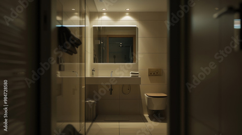 A small bathroom with a backlit mirror and ceiling spotlights, offering ample light while maintaining a sleek, modern aesthetic