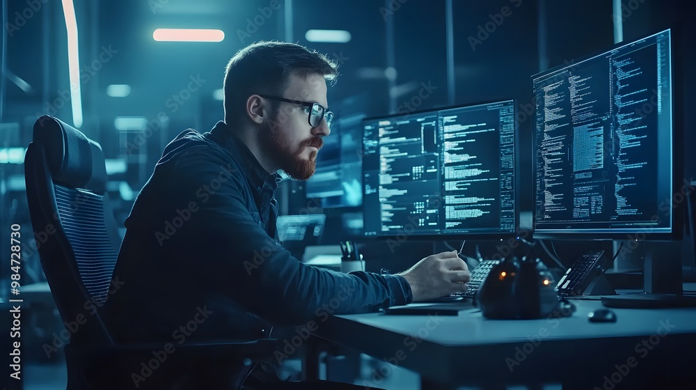 A Bearded Programmer Working Late at Night in a Dimly Lit Office