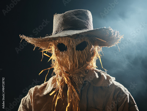 Eerie straw scarecrow costume with tattered clothes and wide brimmed hat, creating haunting presence in dark setting. figures straw face and shadowy background evoke chilling atmosphere photo