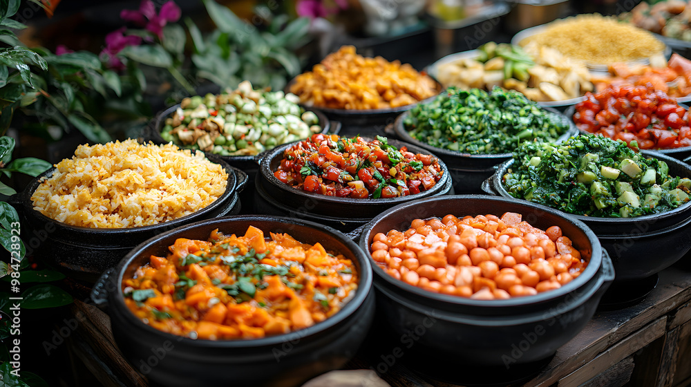 A vibrant display of fresh vegetables and grains in traditional bowls, showcasing rich colors and textures of healthy cuisine.