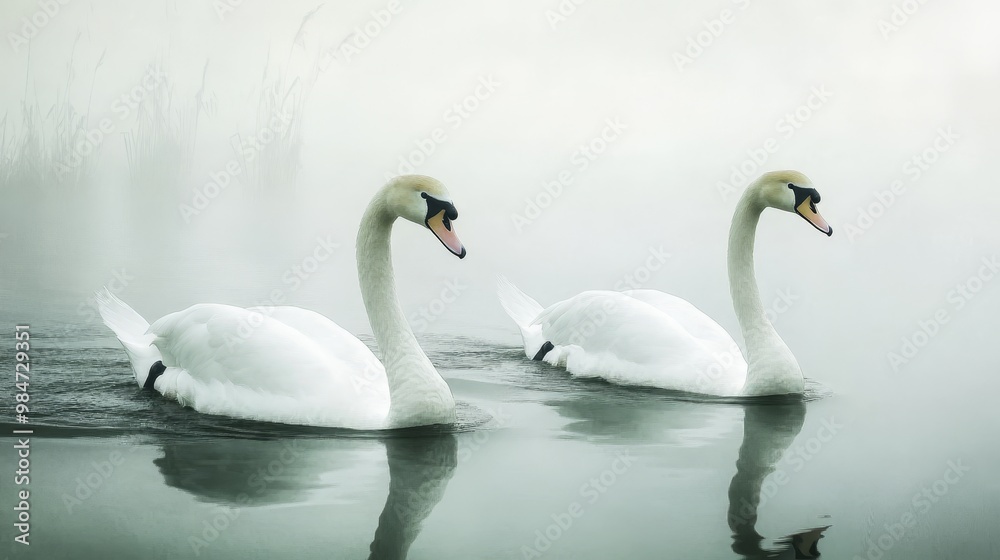 Elegant white and gray swans glide gracefully across the tranquil waters. Elegant white and gray swans glide gracefully across the tranquil waters.