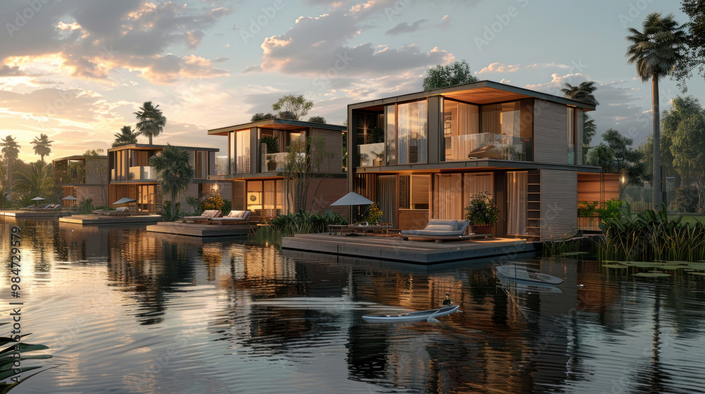 A row of houses are built on a lake, with the water reflecting the sunset. The houses are all different sizes and styles, but they all have a similar design A row of houses are built on a lake, with the water reflecting the sunset. The houses are all different sizes and styles, but they all have a similar design