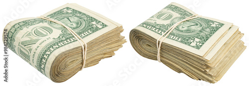 Stack of one dollar American bills. Cash wad roll. Money rolled in half with rubber band. Green USA bank notes. USD banking saving 1$ bills. Isolated background. Paper money note. Business success. 