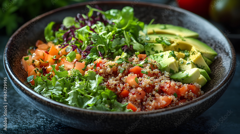 A vibrant quinoa salad with fresh vegetables, including tomatoes, avocado, and mixed greens, served in a rustic bowl. A vibrant quinoa salad with fresh vegetables, including tomatoes, avocado, and mixed greens, served in a rustic bowl.