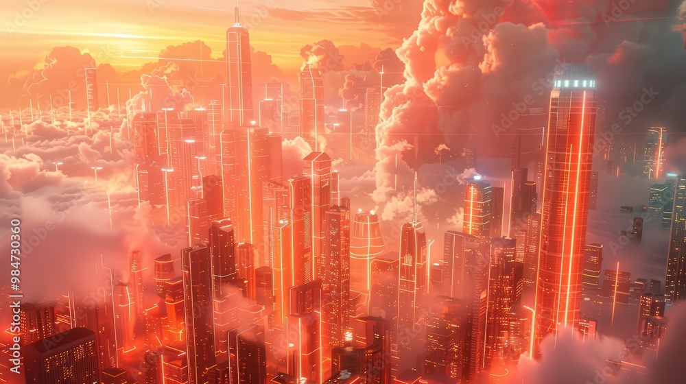 Futuristic cityscape with glowing skyscrapers and floating clouds, cyberpunk style Futuristic cityscape with glowing skyscrapers and floating clouds, cyberpunk style