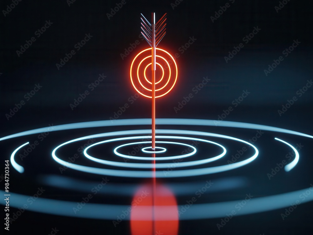 Abstract depiction of a glowing arrow hitting a bullseye on a market target board, Target Market, Strategic Positioning Abstract depiction of a glowing arrow hitting a bullseye on a market target board, Target Market, Strategic Positioning