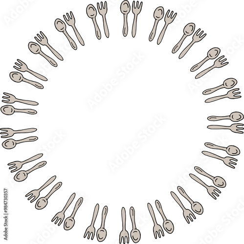 round frame with forks and spoons on white background.eps