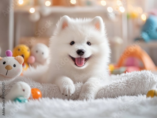  puppy Samoyed  on a plush, white bed, surrounded by toys photo