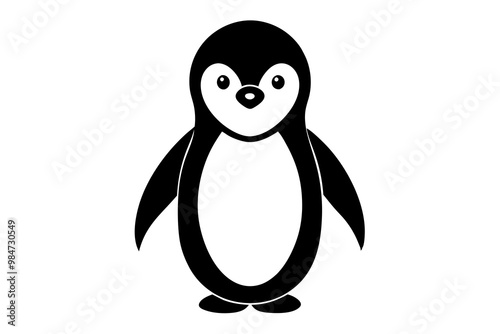 Black penguin silhouette, line art icon, vector illustration on white background.