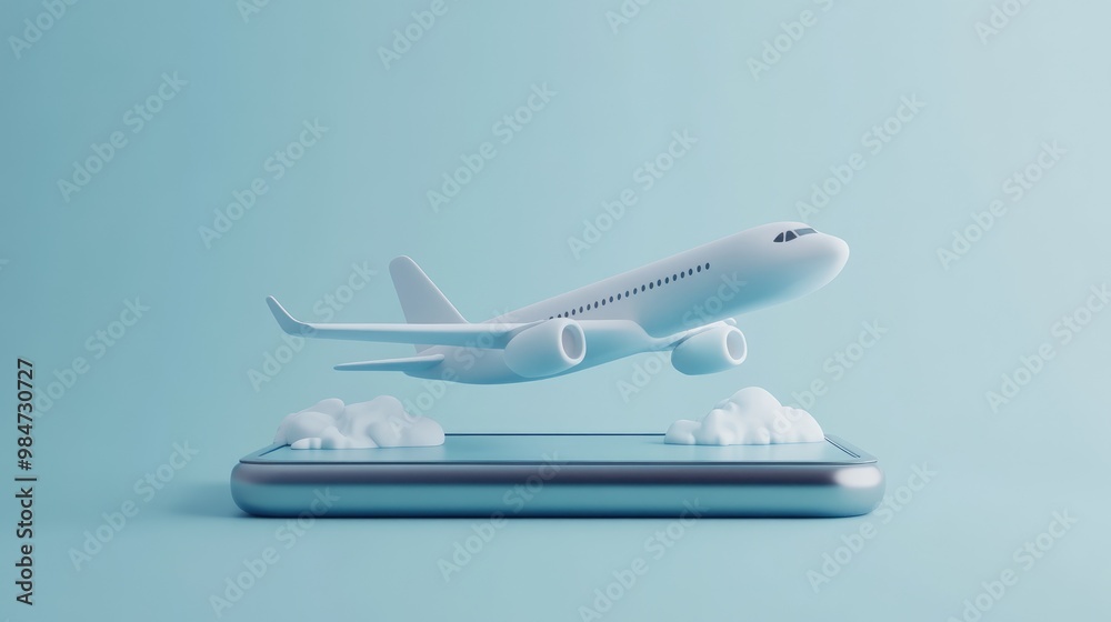 White airplane taking off from a smartphone with clouds on a blue background. White airplane taking off from a smartphone with clouds on a blue background.