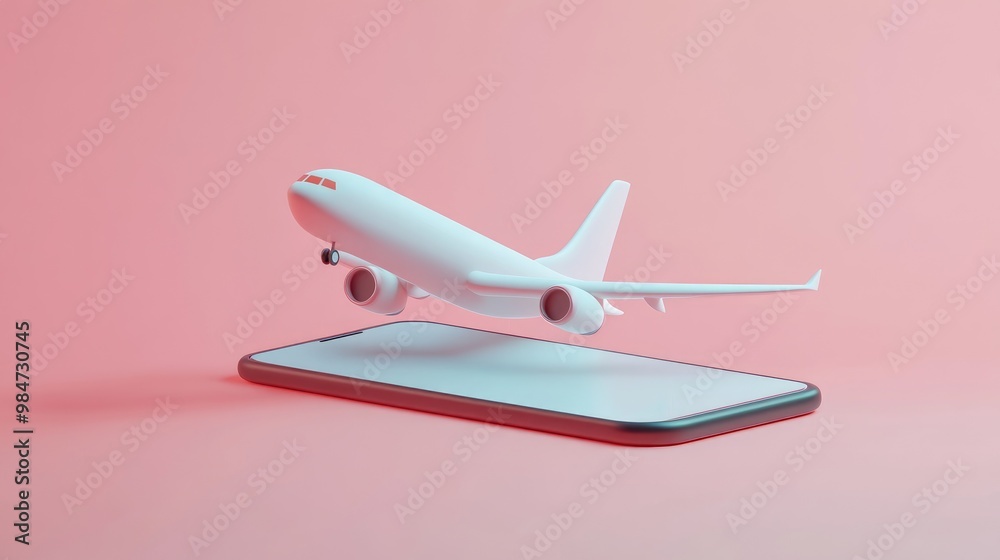 A white airplane model takes off from a smartphone screen on a pink background. A white airplane model takes off from a smartphone screen on a pink background.