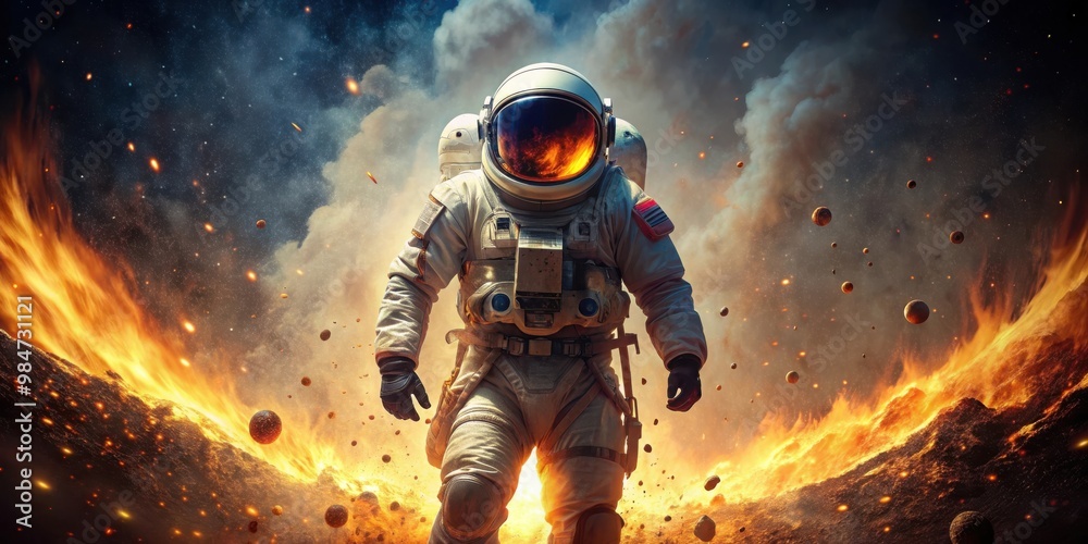 Astronaut in fiery explosion surrounded by smoke and sparks, astronaut, explosion, fire, intense, dramatic, space, danger Astronaut in fiery explosion surrounded by smoke and sparks, astronaut, explosion, fire, intense, dramatic, space, danger