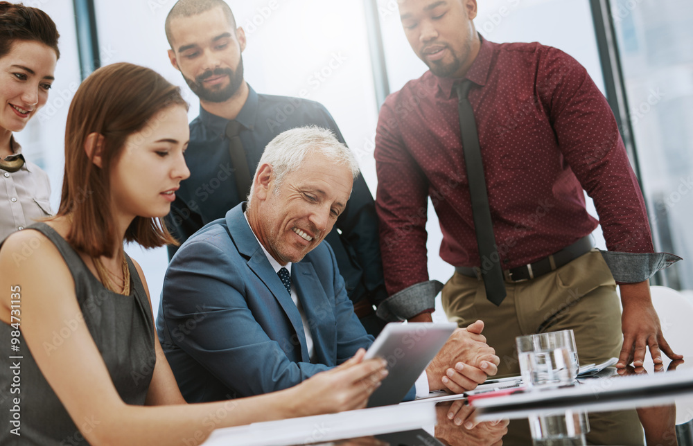 Obraz premium Business, people and meeting with tablet in office for project planning, finance report and collaboration of feedback. Smile, employees and digital with teamwork, review profit and investment growth