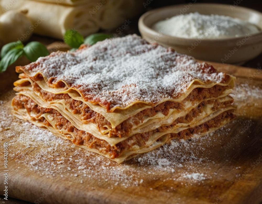 Close-up of lasagna sheets with a light dusting of flour. Perfect for culinary, recipe, or Italian cuisine content. Close-up of lasagna sheets with a light dusting of flour. Perfect for culinary, recipe, or Italian cuisine content.
