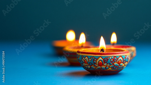 Diwali celebration featuring traditional oil lamps glowing brightly on a festive table