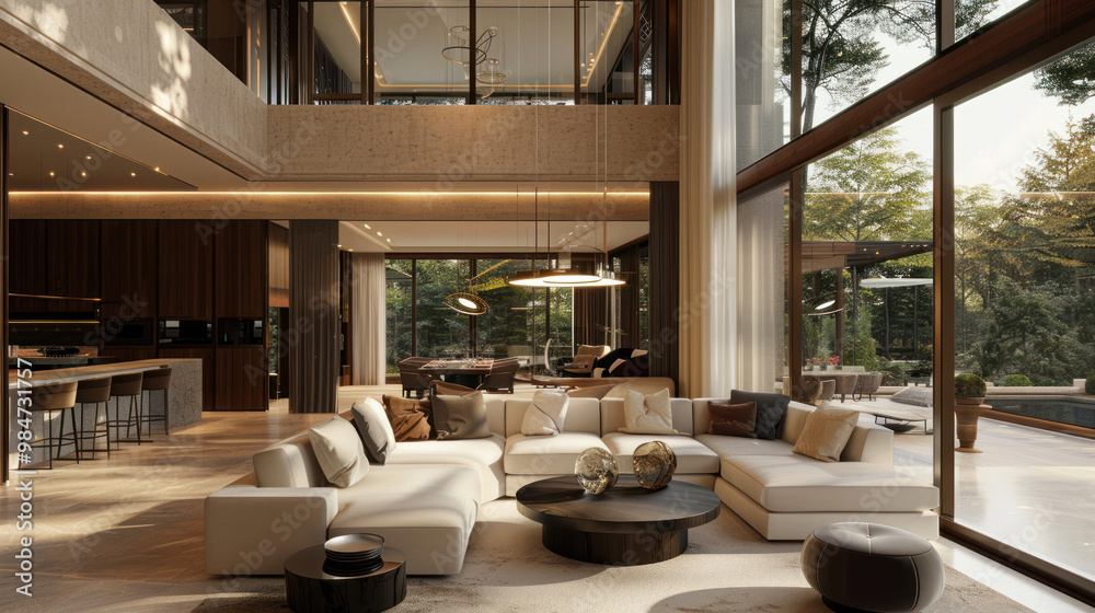 Fototapeta premium A luxury interior design where the lighting is controlled by the movement of the sun, with windows that adjust to bring in the perfect amount of natural light throughout the day