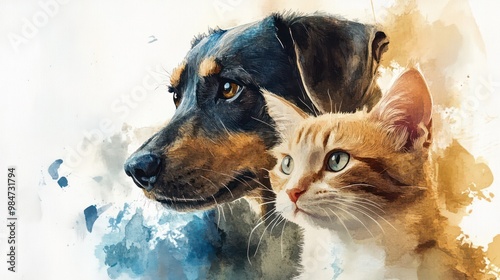 A watercolor painting of a dog and cat, with soft, flowing brushstrokes that highlight their gentle bond.