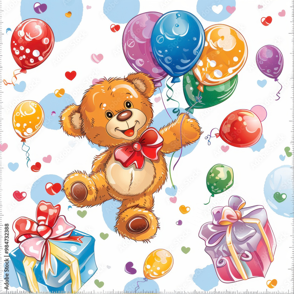 Children's bright drawing with a toy bear and bright balls, gifts and surprises. Gift fairy tale background, banner for a postcard. Children's bright drawing with a toy bear and bright balls, gifts and surprises. Gift fairy tale background, banner for a postcard.