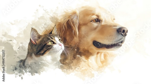 A watercolor painting of a dog and cat, with soft, flowing brushstrokes that highlight their gentle bond.