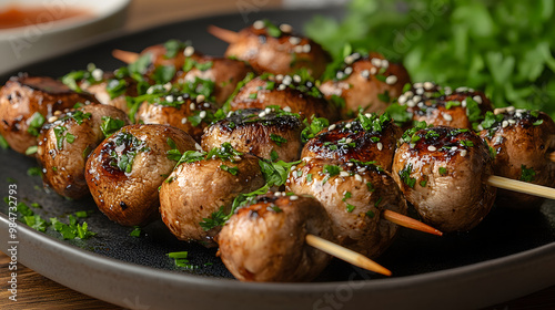 Delicious grilled meat skewers garnished with herbs and spices, perfect for barbecue parties and culinary delights.