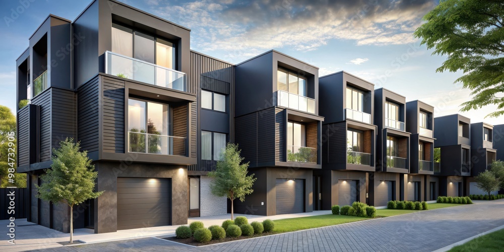 Fototapeta premium Modern modular private black townhouses with sleek exteriors and geometric shapes, residential, architecture, exterior