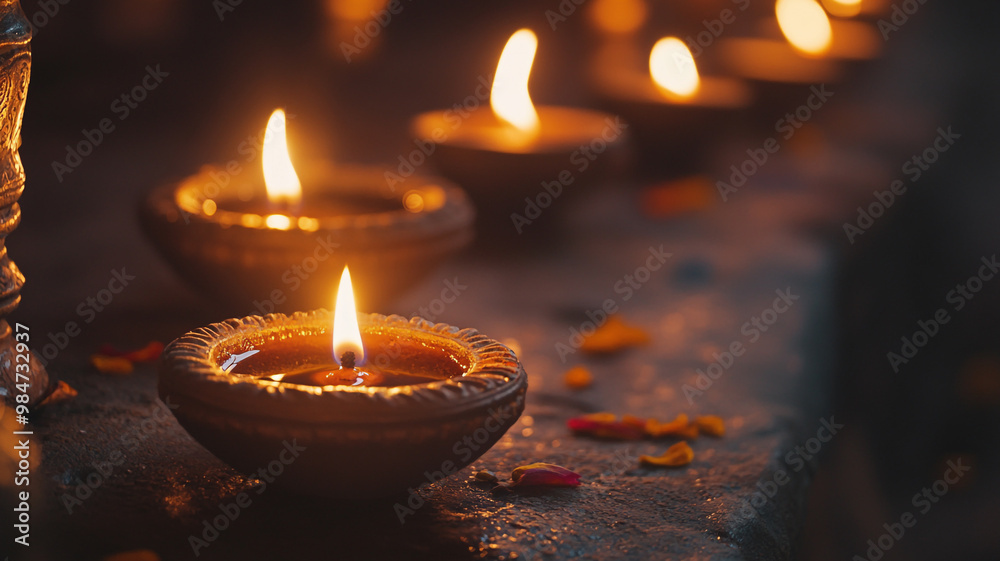 Traditional Diwali celebration with oil lamps and flower petals decorating the festive night Traditional Diwali celebration with oil lamps and flower petals decorating the festive night