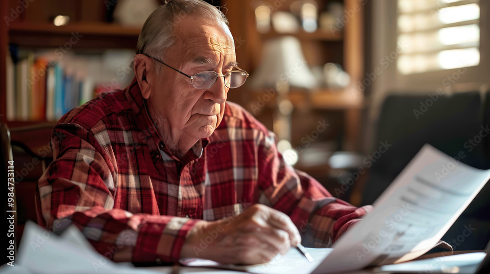 A senior reviewing Social Security survivor benefits paperwork at a desk, with a somber expression, emphasizing the importance of understanding these critical benefits