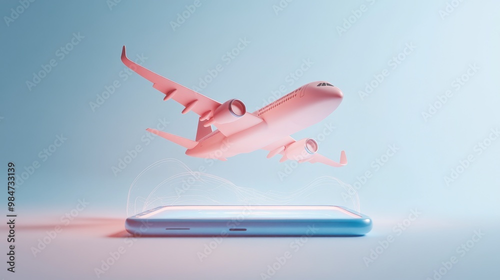Fototapeta premium Pink airplane flying from a smartphone screen.