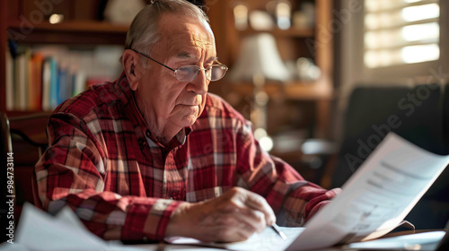 Obraz na płótnie A senior reviewing Social Security survivor benefits paperwork at a desk, with a somber expression, emphasizing the importance of understanding these critical benefits w salonie
